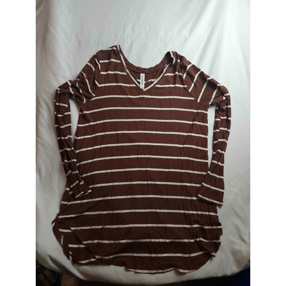 Zenana Premium Striped‎ Long Sleeve Shirt Womens Large Brown Knit Casual Outdoor